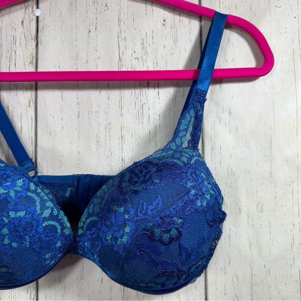 Frederick’s of Hollywood Blue Lace Push Up Bra 34D Underwire Padded - Picture 3 of 12